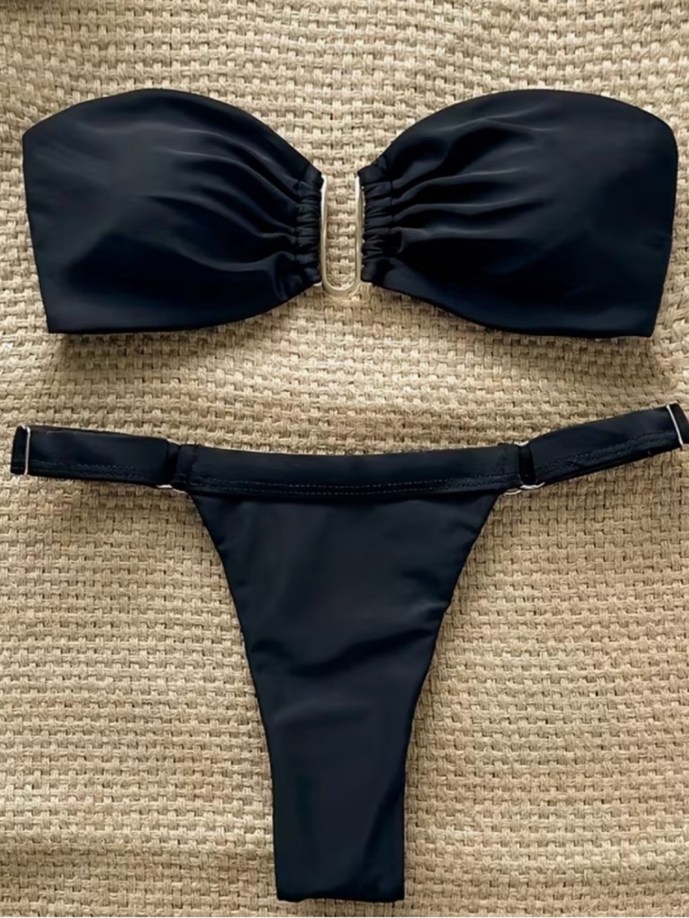 Strapless Black Bandeau U Detail Thong Bikini Set